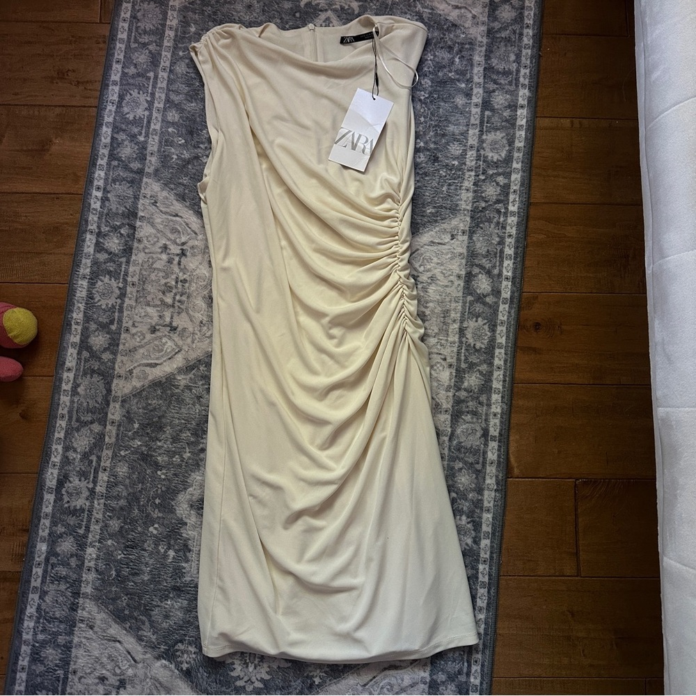 Zara Cream Gold Ruched Sheath Midi Dress